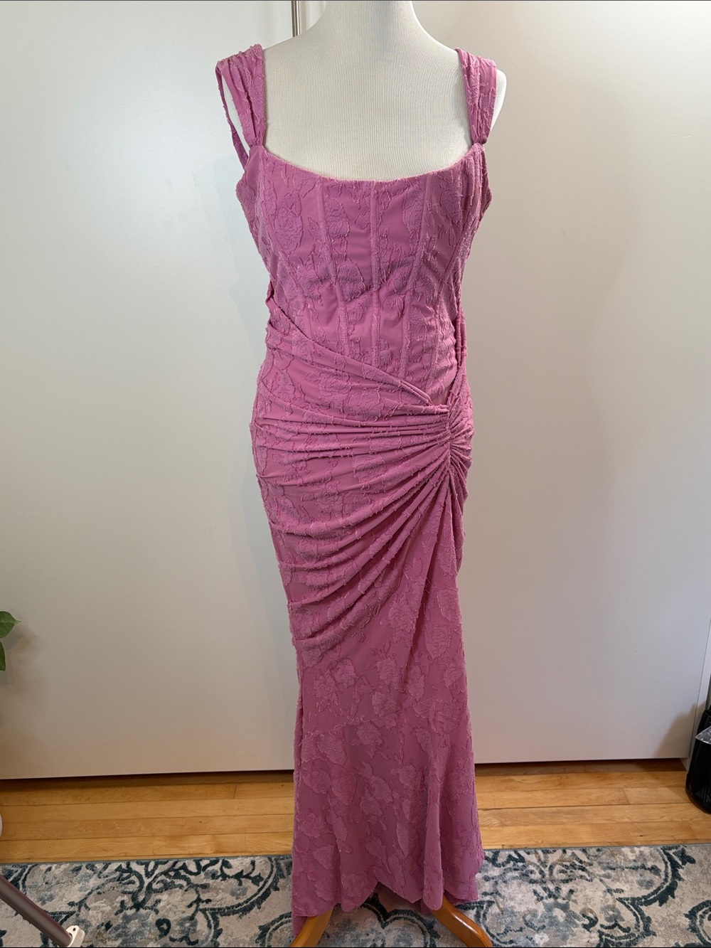 House of CB Dusty Pink Bustier Ruched Lace Maxi Dress L +